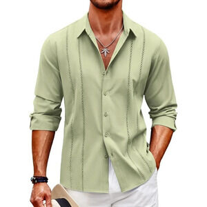 ❤️Mens Green Cuban Shirt Casual Button  Down Shirts Long Sleeve Beach Shirts